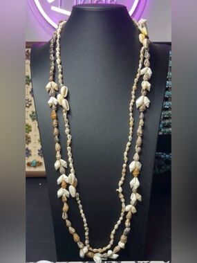 2 Handcrafted Shell Bead Long Necklace - White & Tan